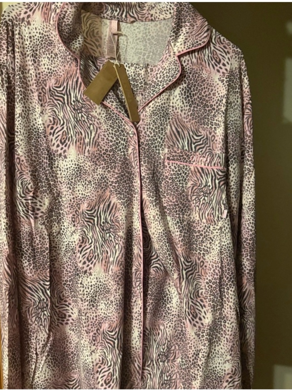 SKIMS Pink Animal-Print Satin Pajama Shirt with Contrast Piping